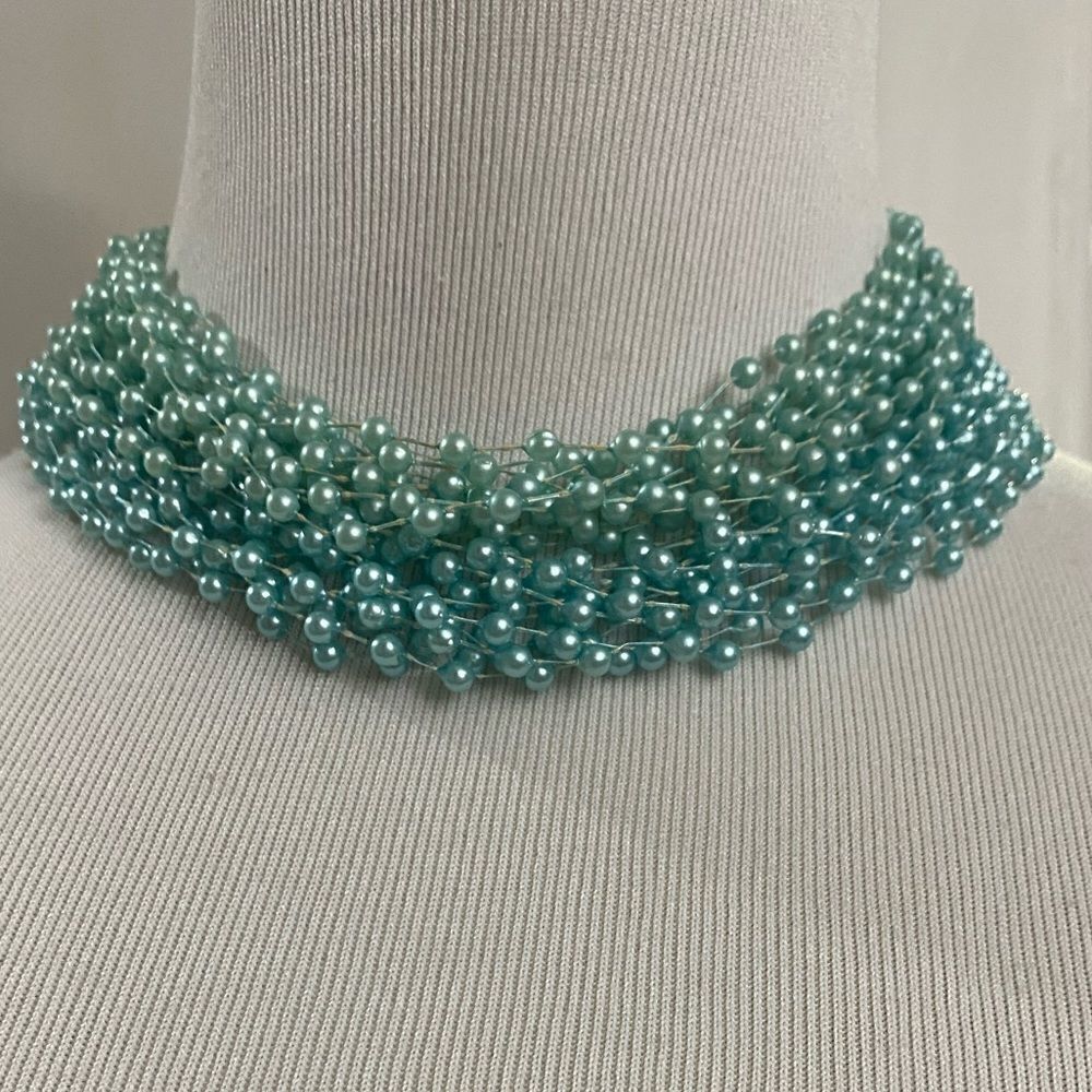 VTG ‘60s Baby Blue Multi Strand Choker and Matching Clip Earrings